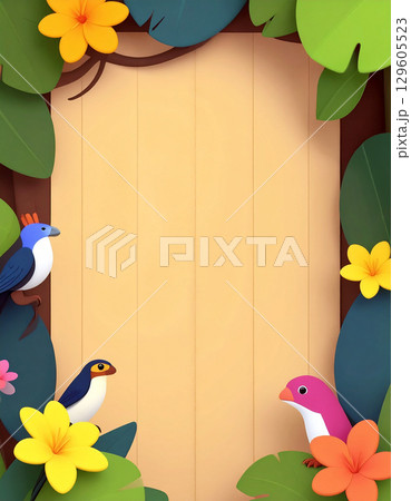 南国の花と鳥のカラフルフレーム 129605523