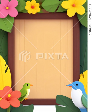 南国の花と鳥のカラフルフレーム 129605524