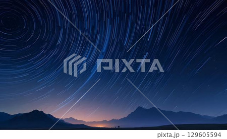 A man stands amidst mountains as star trails create streams of light above him in a stunning night sky A man stands amidst mountains as star trails create streams of light above him in a stunning night sky 129605594