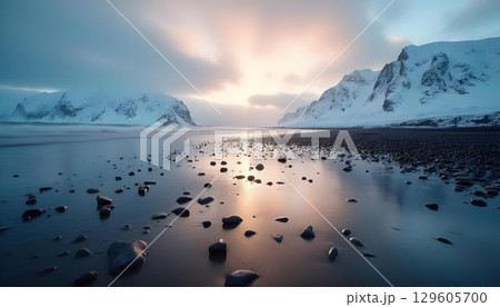 A tranquil beach with reflective waves and majestic snow-capped mountains rising in the background, showcasing nature's beauty 129605700