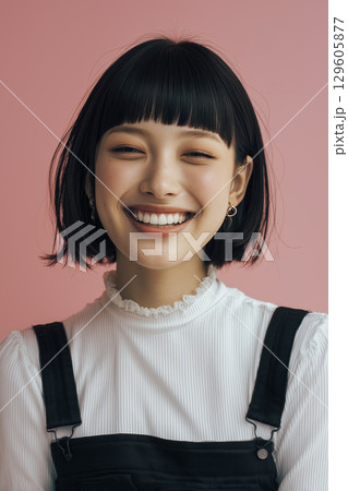 満面の笑顔とピンク背景 ─ 親しみやすさ溢れる明るいポートレート 129605877