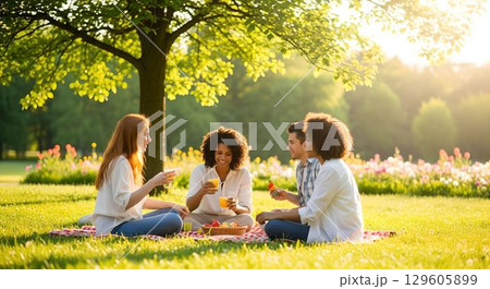 夏の公園でピクニックを楽しむ人達8　AI生成画像 129605899
