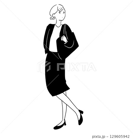 自信を持って歩くスーツ姿の女性の全身イラスト 129605942