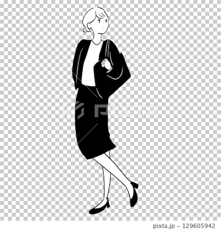 自信を持って歩くスーツ姿の女性の全身イラスト 129605942