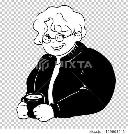 一位微笑的祖母拿著杯子的插圖 一位微笑的祖母拿著杯子的插圖 129605943