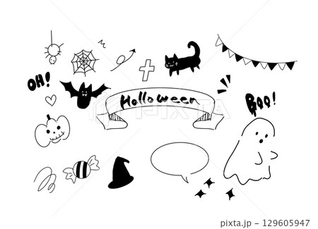 手書きで描かれたハロウィンのあしらいイラスト素材 129605947