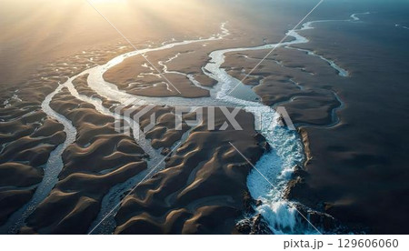 Aerial view of a winding river flowing through a sandy landscape, showcasing the natural beauty of the terrain 129606060