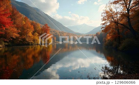Autumn landscape featuring trees and mountains, with clouds reflected in the serene water below Autumn landscape featuring trees and mountains, with clouds reflected in the serene water below 129606066