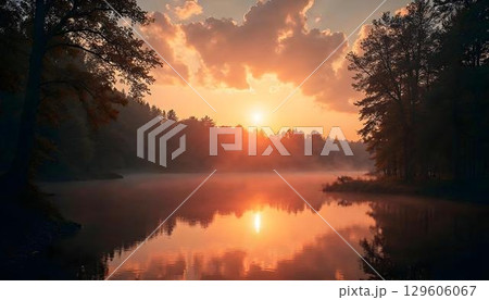 Sunrise casts a warm glow over a forest lake, with clouds beautifully reflected on the tranquil water's surface 129606067