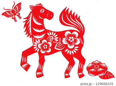 中国切り絵風の馬と蝶と花 129606229