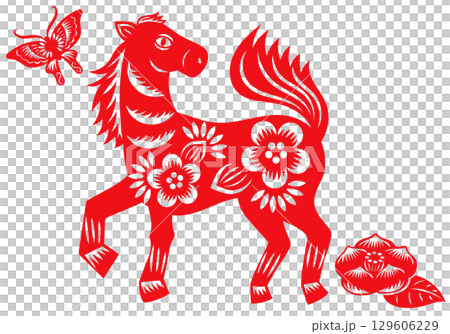 中国切り絵風の馬と蝶と花 129606229
