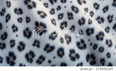 Sophisticated snow leopard pattern fabric exhibiting a seamless arrangement of distinctive spots in a fashionable layout 129606260