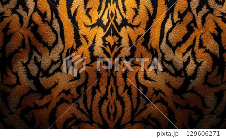 Fabric featuring a seamless tiger print, showcasing a dynamic black and brown pattern inspired by tiger fur 129606271