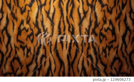 Tiger print fabric with a seamless design, displaying a rich black and brown pattern reminiscent of a tiger's fur 129606273