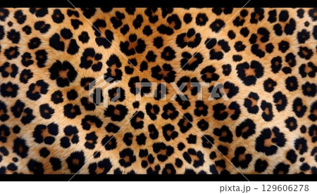 A detailed close-up of leopard skin, focusing on the seamless fur pattern and the striking arrangement of spots 129606278