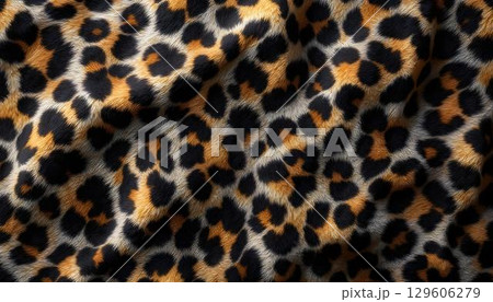 A close-up photograph of leopard fur, presenting a seamless pattern with rich textures and prominent spots 129606279