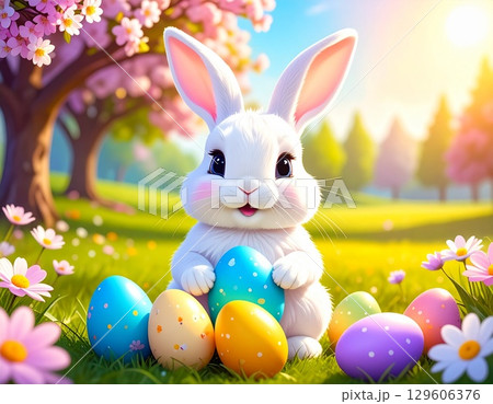 イースターエッグとかわいいうさぎのイラスト イースターエッグとかわいいうさぎのイラスト 129606376