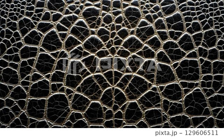 A close-up view of black leather that highlights a seamless crocodile scale pattern, showcasing its opulent texture 129606511