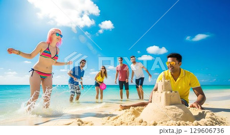 夏のビーチでサンドアートで遊ぶ仲間たち　AI生成画像 129606736