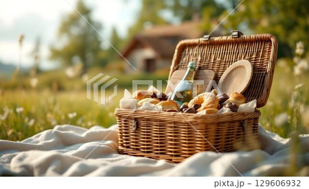 A colorful picnic basket filled with various fruits and a bottle of wine rests on the grass, ideal for a spring picnic 129606932