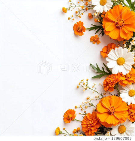 白背景に映えるオレンジと白の花の縦型エレガントボーダー 白背景に映えるオレンジと白の花の縦型エレガントボーダー 129607095