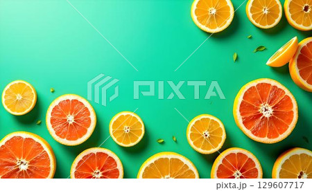 Slices of grapefruit set on a vivid green surface, capturing the essence of summer in a delightful pattern 129607717
