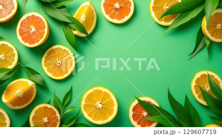 Colorful grapefruit slices on a lush green background, forming a cheerful summer-inspired pattern 129607719