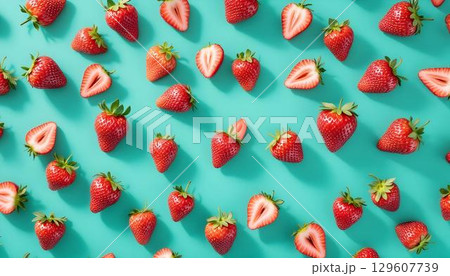 A summer-themed design featuring strawberries on a turquoise backdrop, creating a refreshing and colorful pattern A summer-themed design featuring strawberries on a turquoise backdrop, creating a refreshing and colorful pattern 129607739