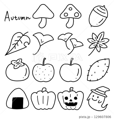 手描きのかわいい秋の素材イラストセット 129607806
