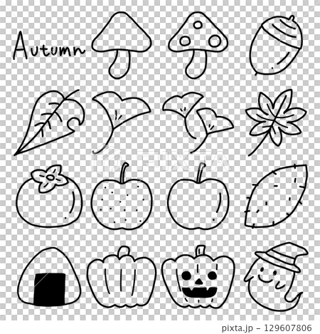 手描きのかわいい秋の素材イラストセット 129607806