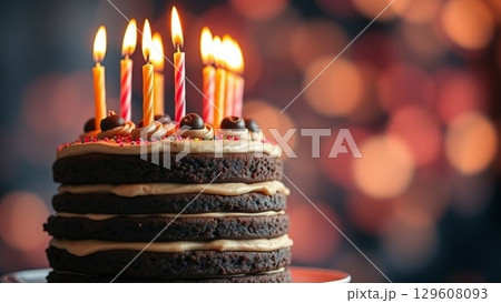 Chocolate birthday cake has colorful sprinkles and candles Chocolate birthday cake has colorful sprinkles and candles 129608093