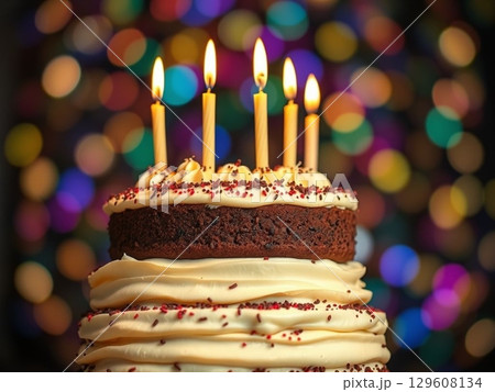 Chocolate birthday cake has colorful sprinkles and candles Chocolate birthday cake has colorful sprinkles and candles 129608134