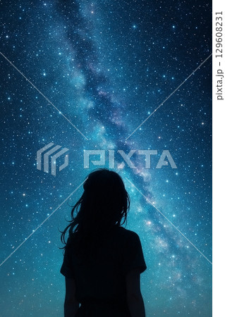 天の川を見上げる女性 129608231