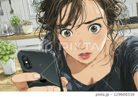 美優シリーズ：スマホで気象庁の地震速報を見て驚く女性 129608316