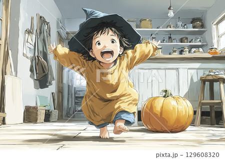 子どもがハロウィンの仮装で踊っている様子  129608320
