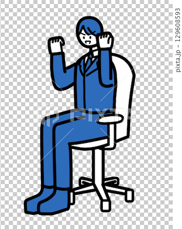 一位男性辦公室職員坐在椅子上,揮拳 一位男性辦公室職員坐在椅子上,揮拳 129608593