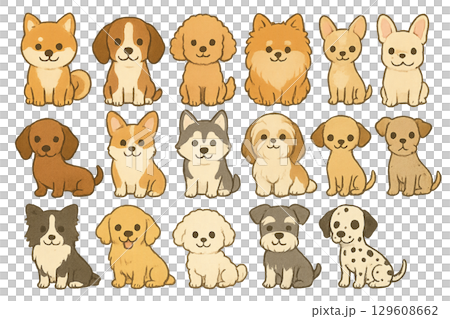 A collection of cute dog illustrations of various breeds 129608662