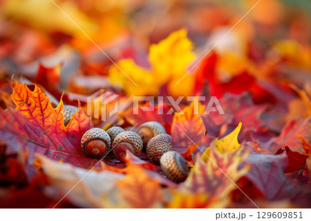 秋の自然を感じるドングリと落ち葉のテクスチャー 秋の自然を感じるドングリと落ち葉のテクスチャー 129609851