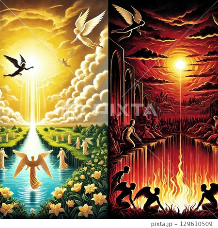 左右比較の天国と地獄の天使と悪魔のイラスト 129610509