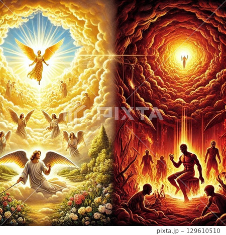 左右比較の天国と地獄の天使と悪魔のイラスト 129610510