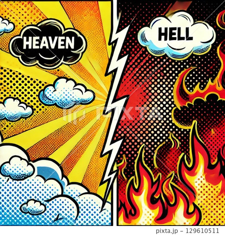 左右比較の天国と地獄の天使と悪魔のイラスト 129610511