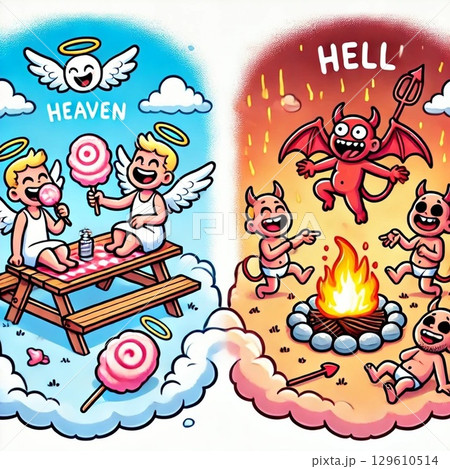 左右比較の天国と地獄の天使と悪魔のイラスト 129610514