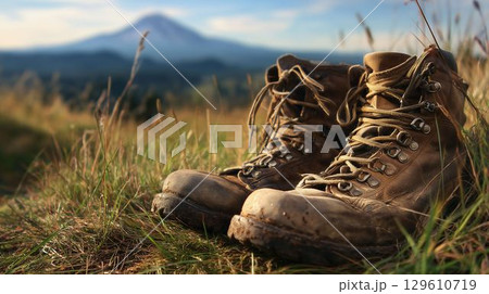 草むらに置かれた古びた登山靴 129610719
