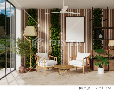 Chic interior ambiance featuring greenery and modern design in a cozy living room. 3D render illustration 129610778