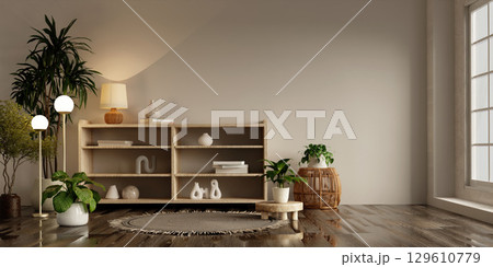 Minimalist interior wellness with natural elements and cozy lighting. 3D render illustration Minimalist interior wellness with natural elements and cozy lighting. 3D render illustration 129610779