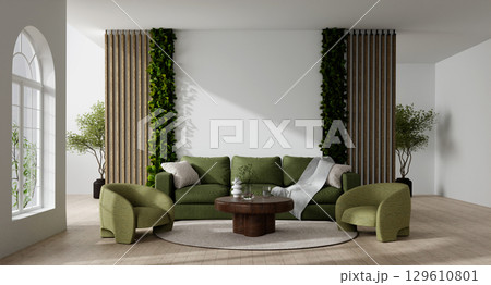 Stylish living area design promoting comfort and nature-inspired elements. 3D render illustration Stylish living area design promoting comfort and nature-inspired elements. 3D render illustration 129610801