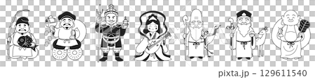 七福神排成一列的簡單插圖（黑白） 129611540