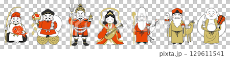 七福神排成一排的簡單插圖 129611541