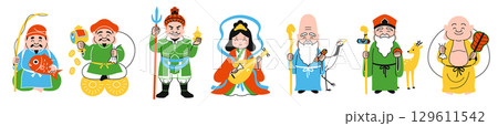 横一列に並んだ七福神のシンプルなイラスト(カラフル) 横一列に並んだ七福神のシンプルなイラスト(カラフル) 129611542