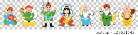 A simple illustration of the Seven Lucky Gods lined up in a row (colorful) A simple illustration of the Seven Lucky Gods lined up in a row (colorful) 129611542